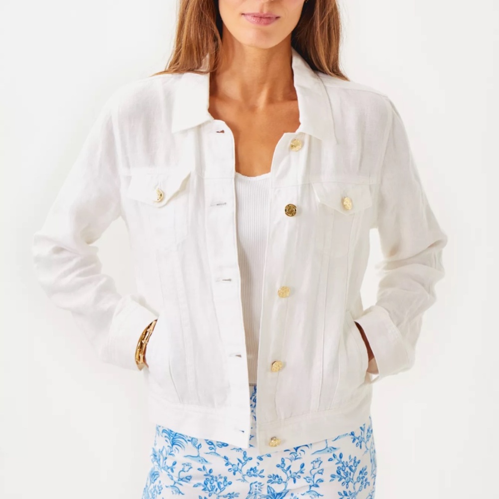 NEW WHITE LILLY PULITZER SEASPRAY LINEN DENIM JACKET XS